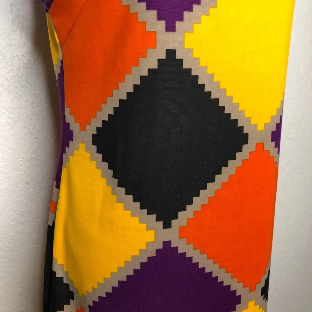 Tracy Negoshian Joan Jagged Diamonds purple orange gold shift dress Medium NWT